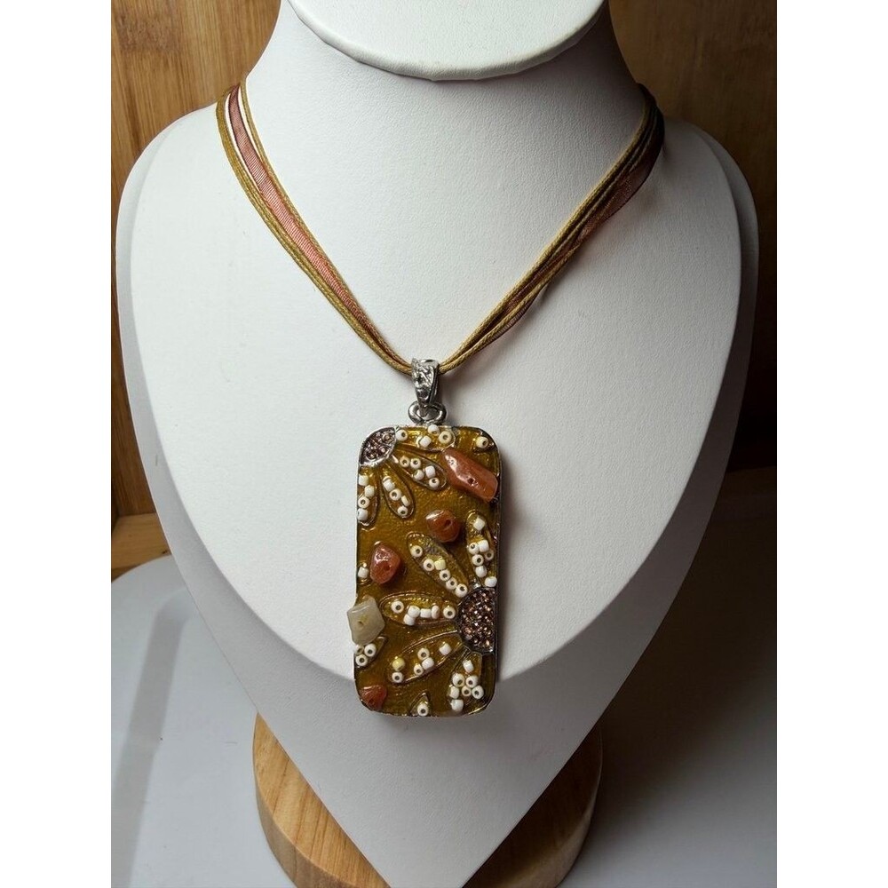 Vintage Handmade Mixed Media Beaded Pendant Necklace with Ribbon Cord